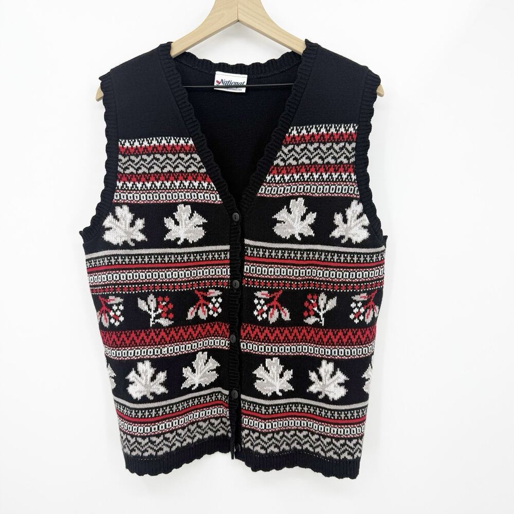 National Ugly Christmas Sweater Vest L Ski Lodge Nordic Grandmacore Knit Holiday